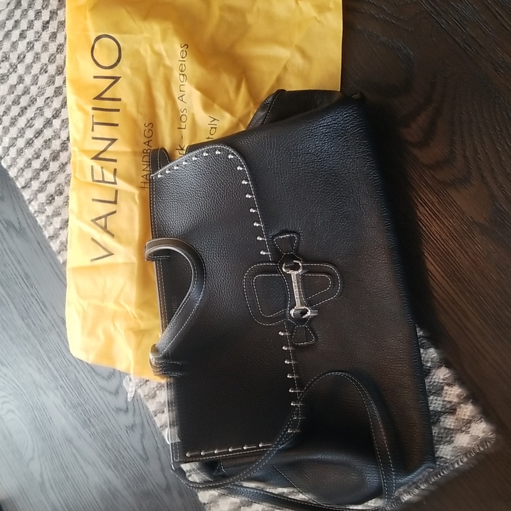 Mario Valentino Olimpia Pebbled Black Leather Satchel